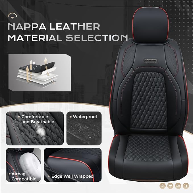 Coverado Full Set Leather Car Seat Covers for F150,Waterproof Automotive Seat Covers for Cars,SUVs,Pickup Trucks,Compatible with 2015-2026 F150 SuperCrew,2017-2026 F250 F350 F450 Crew Cab, Black/Red