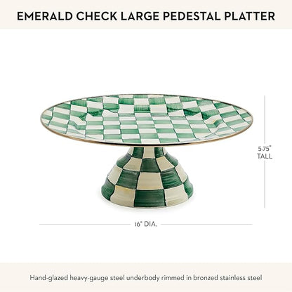 MACKENZIE-CHILDS Enamel Pedestal Platter, Round Cake Stand, Large, Green-and-White Emerald Check