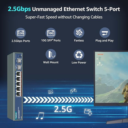 7 Port 2.5G Unmanaged Ethernet Switch, 5 x 2.5G Base-T Ports, 2 x 10G SFP