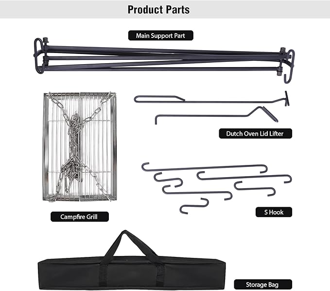 REDCAMP Swing Campfire Grill Stand - Collapsible Campfire Cooking Rack with 6 Hooks & Stainless Steel Grill Grate, Portable Dutch Oven Hanger for Outdoor Camping, Cookware, Bonfire, Rectangle ﻿