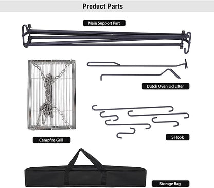 REDCAMP Swing Campfire Grill Stand - Collapsible Campfire Cooking Rack with 6 Hooks & Stainless Steel Grill Grate, Portable Dutch Oven Hanger for Outdoor Camping, Cookware, Bonfire, Rectangle ﻿
