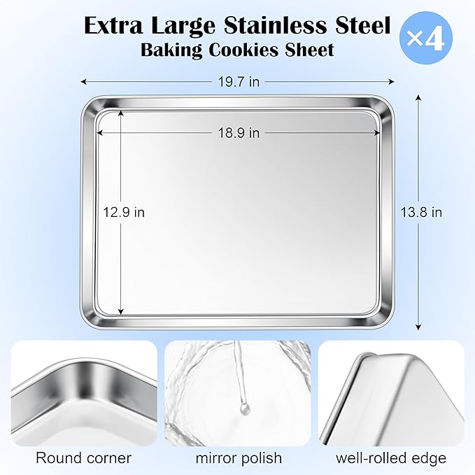 E-far Large Baking Sheets Set of 4, 20”x14” Stainless Steel Cookie Sheet Pans