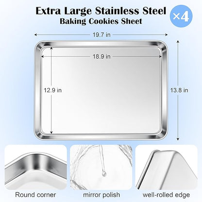 E-far Large Baking Sheets Set of 4, 20”x14” Stainless Steel Cookie Sheet Pans