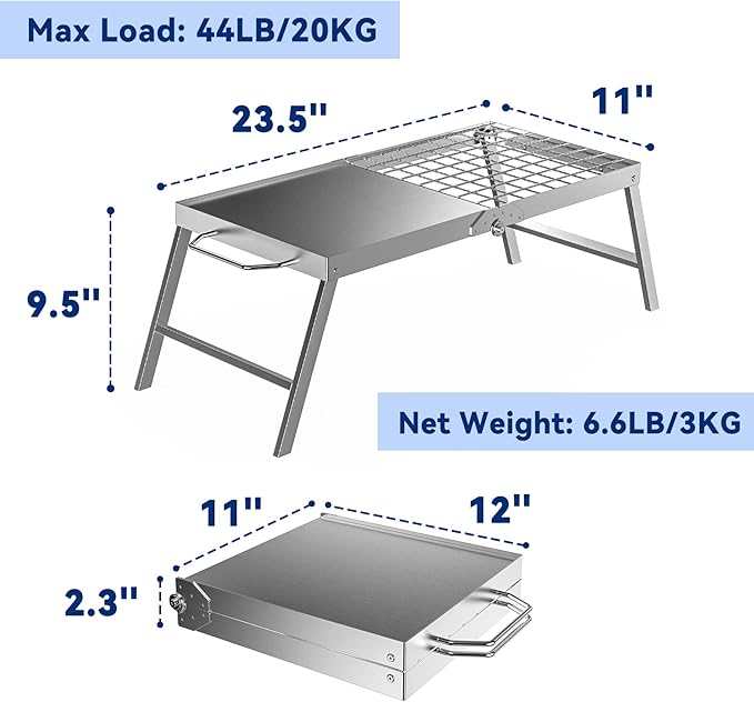 Skyflame Folding Campfire Grill, Portable Stainless Steel Camping Grill Grate and Camp Grill Griddle with Collapsible Legs for Versatile Outdoor Backpacking BBQ Over Fire Pit Cooking