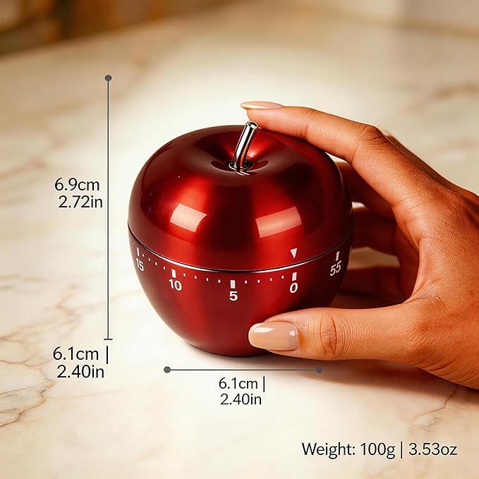 Stainless Steel Apple Kitchen Timer, Mechanical 60-Minute Manual Countdown