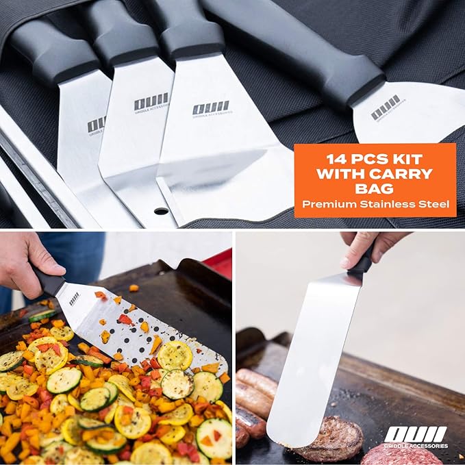 Flat Top Griddle Accessories Set for Blackstone and Camp Chef Griddle - 14 Pieces Set with Griddle Cleaning Kit & Carry Bag! Metal Spatula, Griddle Scraper, Egg Rings for Teppanyaki & Gas Grill