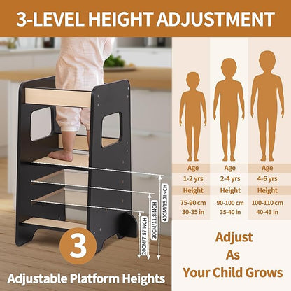 Toddler Kitchen Helper Tower for Ages 1–6 – 3-Level Adjustable Learning Tower, Toddler Standing Tower & Kitchen Stool Helper with Safety Rail, CPC Certified, Black