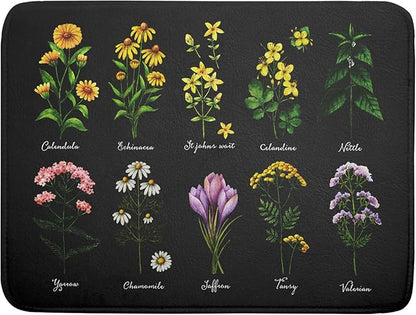 Black Flower Herbs Dish Drying Mat 18x24 Inch Botanical Floral Microfiber