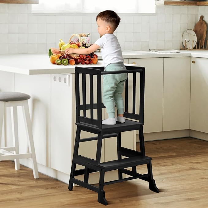COSYLAND Kids Kitchen Step Stool Helper - Wooden Standing Tower for Kids with Anti-Tip Support Legs - Mothers' Helper Kids Learning Stool for Kitchen Counter (Black)