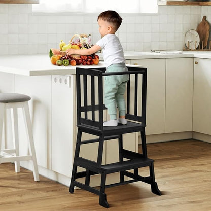 COSYLAND Kids Kitchen Step Stool Helper - Wooden Standing Tower for Kids with Anti-Tip Support Legs - Mothers' Helper Kids Learning Stool for Kitchen Counter (Black)