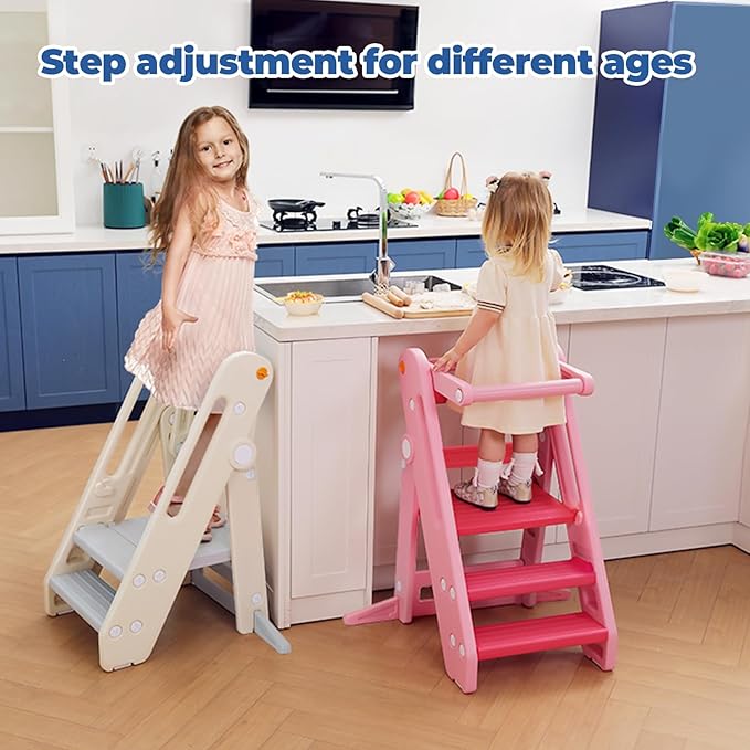 Onasti Toddler Tower Kitchen Stool Helper, Foldable & Adjustable Height Kids Learning Stool for Kitchen Counter Bathroom Sink, Child Ladder for Toddlers with Handles, Safty Rail, Non-Slip Pads - Pink