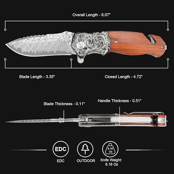 Pocket Knife with Glass Breaker, EDC Damascus Folding Knife with Seatbelt Cutter, 3.35" VG10 Damascus Steel Blade Multitool Pocket Knives with Wood Handle