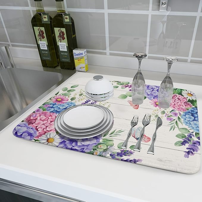 Hydrangea Floral Dish Drying Mat 18x24 inch Spring Summer Decorative Fast Dry