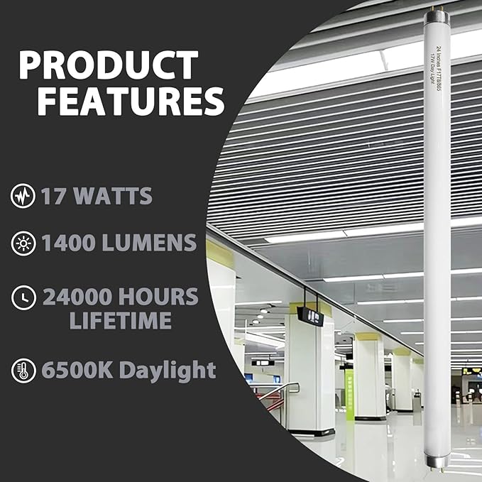 24 Inch F17T8/865 Fluorescent Bulb Daylight 6500K, 17 Watt T8 Light Bulb