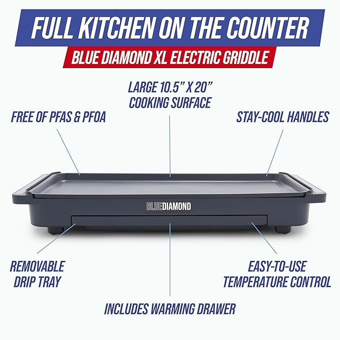 Blue Diamond 20” x 10.5” Extra Large Electric Griddle, Healthy Ceramic Nonstick