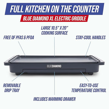 Blue Diamond 20” x 10.5” Extra Large Electric Griddle, Healthy Ceramic Nonstick