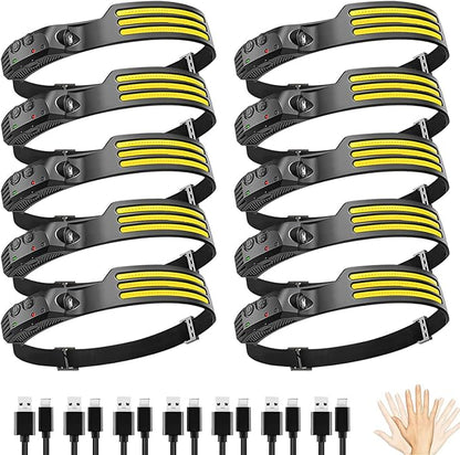 10Pack LED Headlamp Rechargeable with 3 Led Strip, 230° Wide Beam Head Lamp for Forehead, 6Mode Hard Hat Light for Adults, Flashlight for Work, Hiking, Running, Camping Essentials Gear
