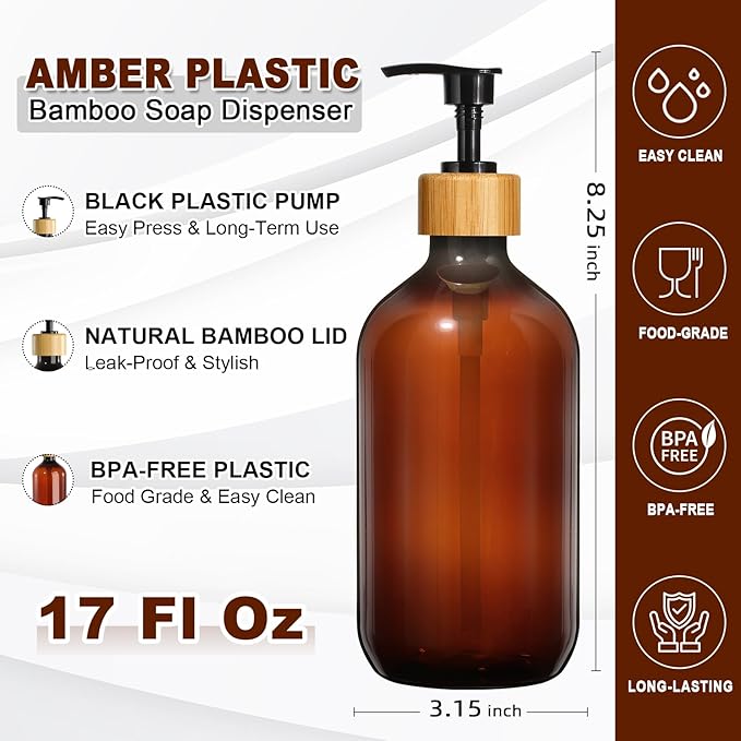 KASUNTING Amber Soap Dispenser Plastic, 17 Fl Oz Hand and Dish Dispenser Set