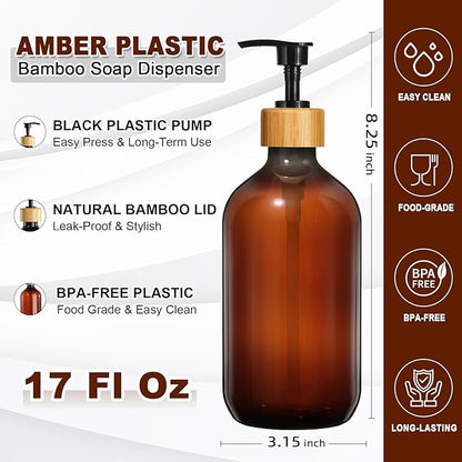 KASUNTING Amber Soap Dispenser Plastic, 17 Fl Oz Hand and Dish Dispenser Set
