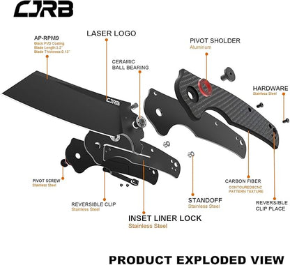 CJRB Crag Folding Pocket Knife, 3.43" AR-RPM9 Steel Blade Carbon Fiber Handle EDC Knife with Pocket Clip for Men Women Camping Survival Hiking, Black (J1904)