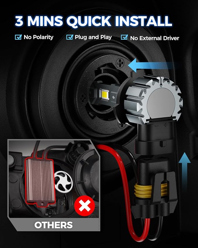 Marsauto 9006 Bulb, 30000LM Brightness Output 6000K Cool White,9006 HB4 Fog Bulbs IP68 Waterproof 60000Hrs Lifespan, 3Mins Installation, 2 Pack