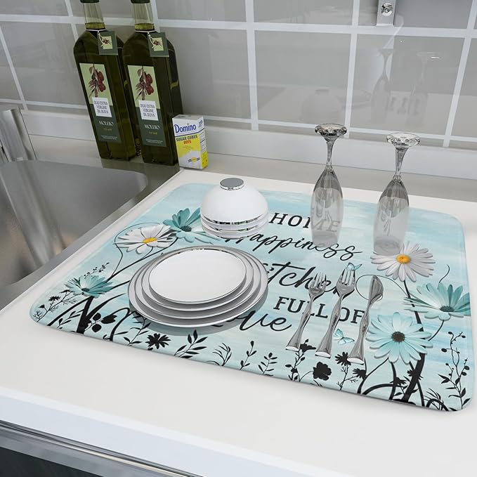 Blue Daisy Dish Drying Mat 18x24 Inch Love Kitchen Absorbent Microfiber