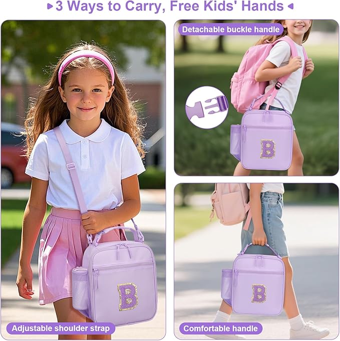 Initial Insulated Lunch Bag for Girls Kids, Back to School Gift, Reusable Leak-proof Lunch Box with Adjustable Strap for School Daycare Travel Picnic (Purple,B)