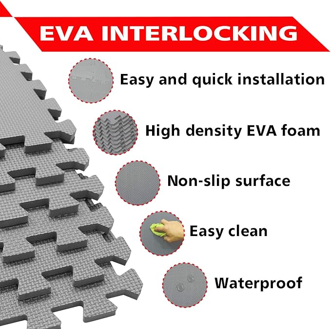meiqicool Foam Play Mat Thick Soft EVA Interlocking Foam Floor Mats Children Yoga Exercise Multi Jigsaw Puzzle Blocking Board Kids Playmats Play Grey 18 Piece L