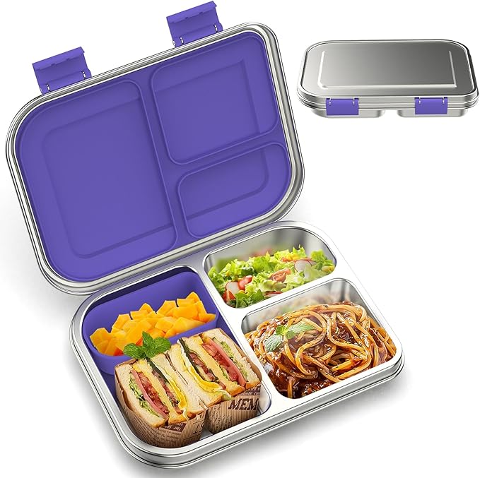 Stainless Steel Kids Leak-Resistant Bento Lunch Box, 3-Compartments with Silicone Container, Dishwasher-Safe, Child-Friendly Design for School, Picnics & Travel,BPA-Free(Purple)