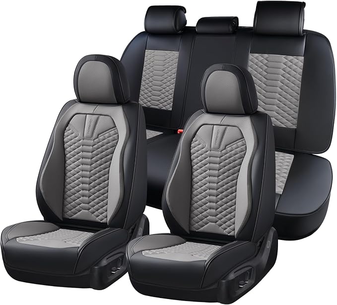 Coverado Seat Covers Full Set, Waterproof Nappa Leather Seat Covers for Cars, 5 Seats Universal Car Seat Protectors, Black and Gray Automotive Seat Covers Car Seat Cushions Fit for Most Cars