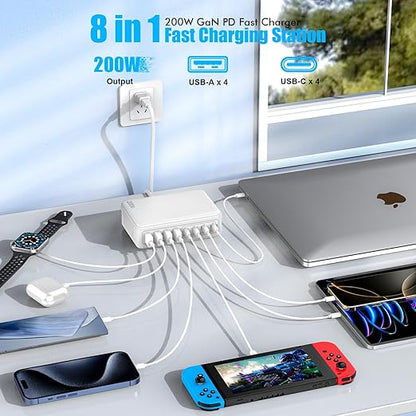 USB C Charger Block, 200W GaN 8 Port USB C Charging Station USB Hub Block Cube