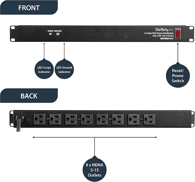 StarTech.com 8 Outlet Horizontal 1U Rack Mount PDU Power Strip