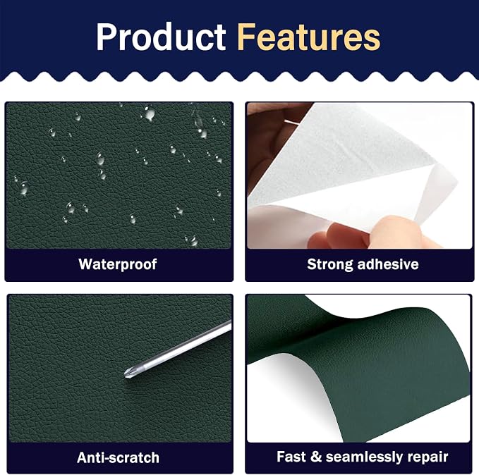 Zenyao Leather Repair Patch Tape - Self Adhesive Leather Repair Kit for Car Seat Furniture, Heavy Duty Vinyl Repair Patch for Couch Sofa, Waterproof Fix for Tears, 16x60 Inch Roll, Dark Green