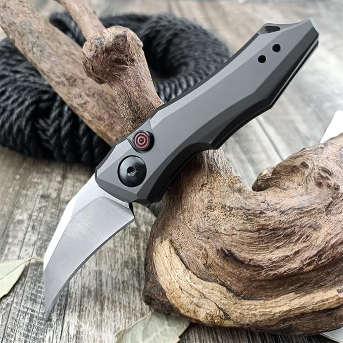 HUAAO Push Button Knife, Spring Assisted Opening, EDC Folding Pocket knives For Men,2.08 inch 8Cr13Mov Hawkbill Blade，gray aluminum handle,With Deep Carry Pocket Clip