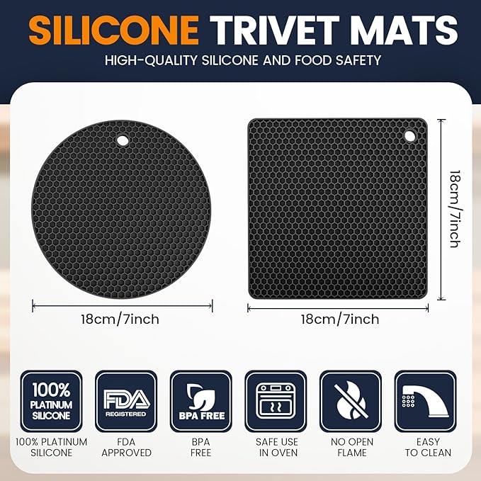 Silicone Trivet Mats 4 Heat Resistant Pot Holders Multipurpose Non-Slip Hot Pads for Kitchen Potholders, Drying mat, Jar Opener, Spoon Holder, Coaster(Black)