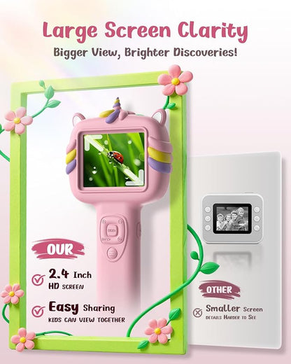 Microscope Camera for Kids Gifts Toys- Handheld Pocket Microscopes with 2.4" Screen and Autofocus - Mini Digital Educational Science Kit for Christmas Birthday for Age 3-5 5-7 8-12 Girls Boys(Pink)