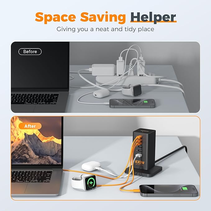 USB C Charger Blcok PD 100W, TESSAN 6-in-1 Charging Station