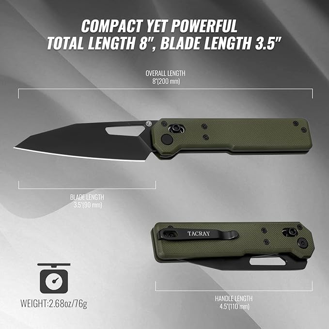 Tarcus Folding Pocket Knife, 3.5" D2 Steel DLC Blade G10 Handle, Lightweight EDC Knife with Crossbar Lock for Men and Women, Ideal for Camping, Hiking, and Survival