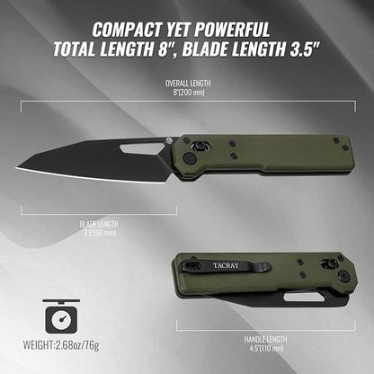 Tarcus Folding Pocket Knife, 3.5" D2 Steel DLC Blade G10 Handle, Lightweight EDC Knife with Crossbar Lock for Men and Women, Ideal for Camping, Hiking, and Survival