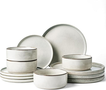Famiware Annecy Plates and Bowls Sets, 12 Pieces Dinnerware Sets, Microwave and Dishwasher Safe Dishes Set for 4, Chip and Scratch Resistant, Grey-White