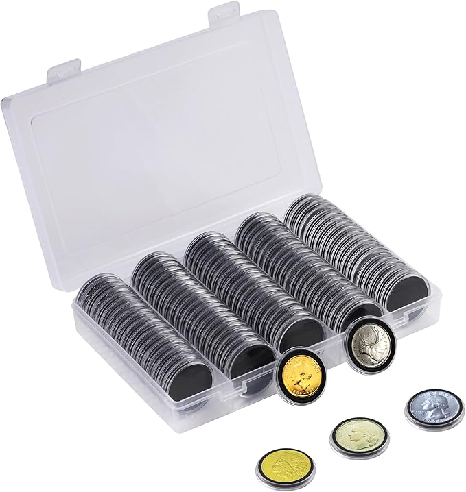 100Pcs 30mm Coin Holders with 5-Size Foam Gasket, Plastic Coin Capsules for Collectors, Clear Coin Case with Storage Organizer Box for Coin Collection Supplies, Black Gasket 17/20/25/27/30mm