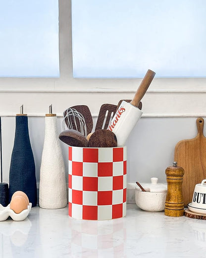 Utensil Holder, 7.2 Inch Checkered Utensil Holder, Ceramic Cooking Utensil