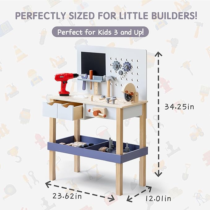 Wooden Kids Tool Bench with Electric Drill, Toddler Tool Bench with Storage Drawers and Platform, Toy Workbench Workshop with Play Tools Set for Boys and Girls, Perfect for Ages 3+