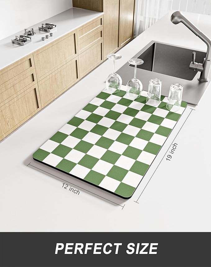 Rnivvi Dish Drying Mat for Kitchen Counter, 12 x 19" Cute Checkered Absorbent