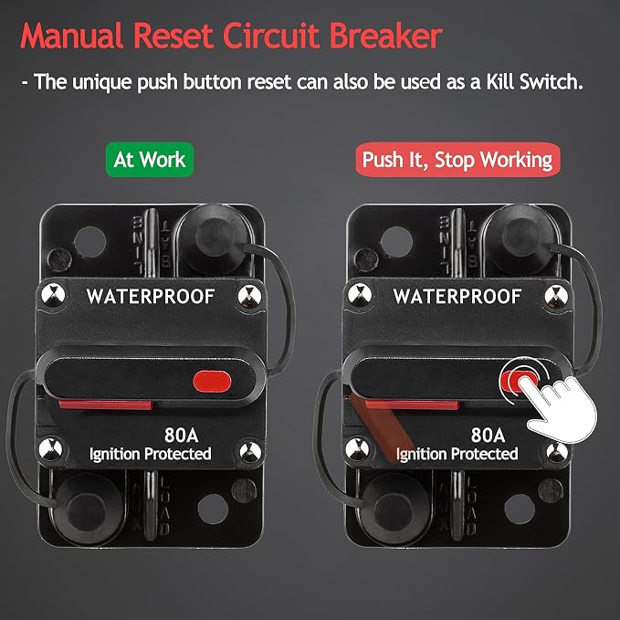 3 Pack 80 Amp Circuit Breaker Manual Reset 12V-48V DC for Car Audio Rv Marine Boat Truck Trolling Motors, Car Speaker Resettable Fuse, with Wire Lugs Copper Washer