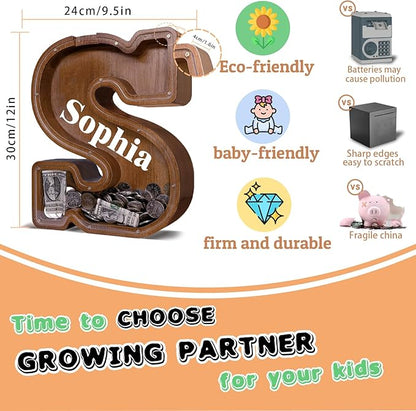 Wooden Letter Piggy Bank for Kids Larger Letter Piggy Bank for Boys and Girls Personalized Piggy Bank Initial Coin Bank Wood Kids Money Bank for Birthday and Festival