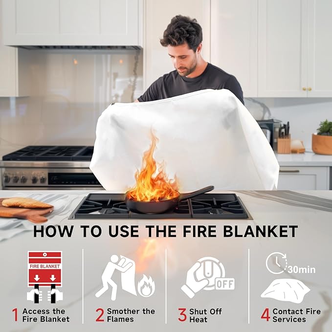 Fire Blanket Emergency for Home Kitchen - 40"x40" Fireproof Safety Protection Fiberglass Flame Retardant Blankets Survival Essential Kit for House Car Camping Outdoor Fireplace Grill BBQ - 1 Pack