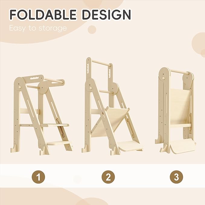 Kids Kitchen Step Stool, Foldable Toddler Tower, Height Adjustable Toddler Standing Tower with Safty Rail and Anti-Slip Device, Wooden Stool for 1.5-6 Years(Nature-Wood)