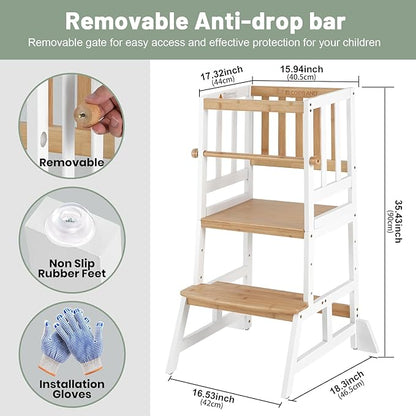 COSYLAND Toddler Standing Tower - Adjustable Height Toddler Kitchen Stool Helper - Kids Kitchen Step Stool for Learning with Removable Safety Railing White & Natural