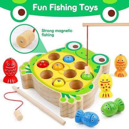 Magnetic Wooden Fishing Game Toys for Toddlers,Wooden Frog Magnets Fishing Learning Color Sorting Puzzle Montessori Preschool Educational Fine Motor Skills for 3 4 5 Years Old Boys Girls